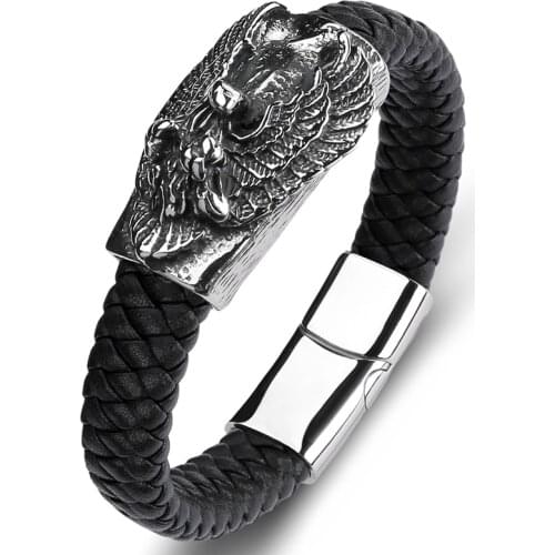 Vintage Leather Braided Hand Bracelet for Men Stainless Steel Dragon Wing Bangle Magnet Clasp Trendy Wristband Male Jewelry P149