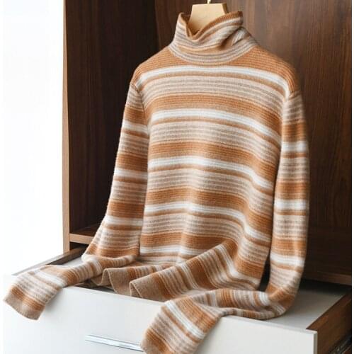 Zocept 2021 New Fashion Brand Turtleneck Sweater Womens 100% Merino Wool Pullovers Winter Pull Slim Contrast Striped Jumper Top