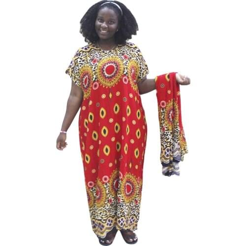 Casual Vintage African Dress Traditional Print Loose Autumn Cotton Assorted with Scarf African Clothing for Ladies