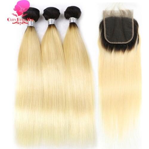 QUEEN BEAUTY 3 Bundles and Closure 2 Tone Dark Roots 1B/613 Ombre Blonde Brazilian Straight Bundles Remy Human Hair with Closure