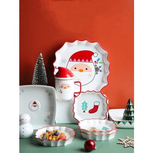 Christmas Ceramic Tableware Dessert Plate Lace Reindeer Kitchen Porcelain Party Gift Western Steak Flat Plate Couple Mug