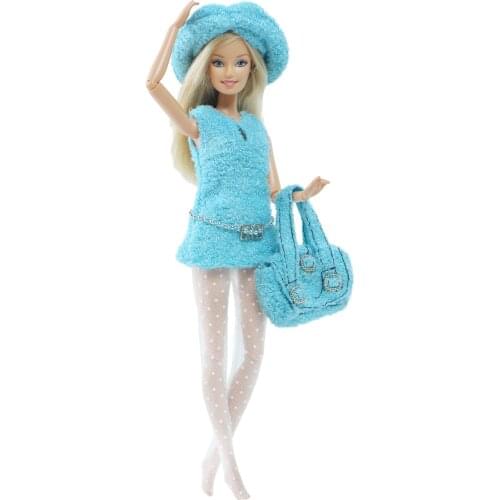 BJDBUS Blue Set Doll Outfit Elegant Mini Gown Dress Hat Big Handbag Lace Stockings Clothes for Barbie Doll Accessories Kids Toy