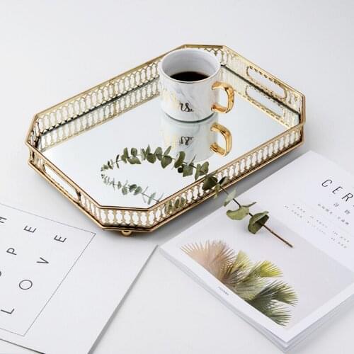 Glass storage tray Nordic style wrought iron gold plated mirror bottom tray light luxury plate decoration fruit plate