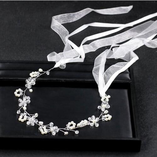 Wedding Bridal Crystal Beads Pearl Knitted Braided Long Headband Hairband with Ribbon Hair Accessories Headwear LB