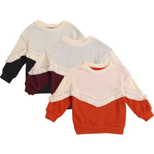 Toddler Kids Baby Girls Color Block Sweaters, Cute Long Sleeve Patchwork Crew Neck Knitted Pullovers 2-7T 2021 New Fashion
