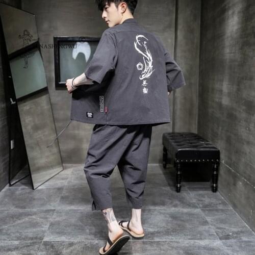 Japanese Traditional Kimono Yukata Summer Pants Two Piece Seven-point Coat Men Japan Print Shorts Cardigan Harajuku Clothes Sets