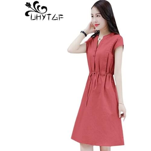 UHYTGF Wholesale Womens Summer Dress Fashion Cotton Linen Comfortable Elegant Dresses Korean Loose Bandage Plus Size Dress 1697