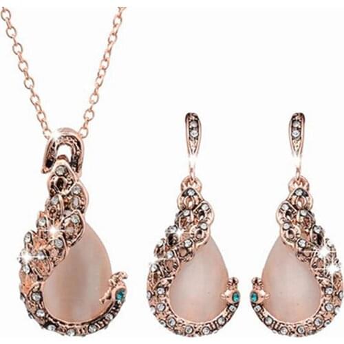 Women Elegant Waterdrop Rhinestone Pendant Necklace Hook Earrings Jewelry Set