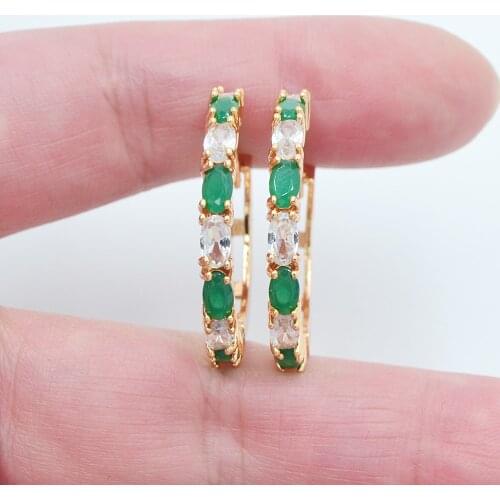 Gold Color Women Fashion White Green Oval Cubic Zirconia CZ Huggie Hoop Earrings Jewelry