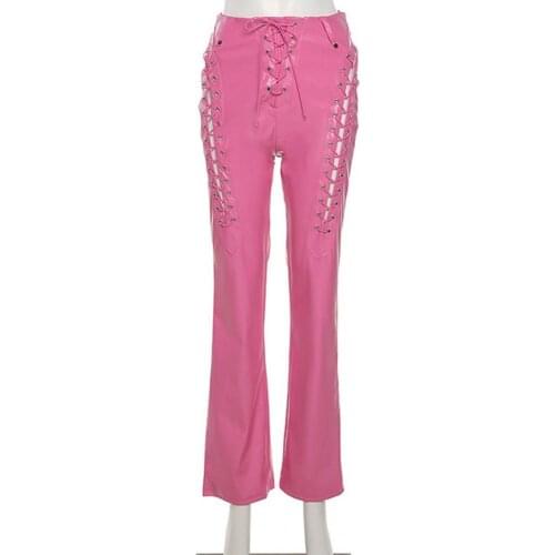 Women Casual Pants for Club Pants Hollow Out Slim Punk Style Ladies Solid Color Faux Leather 2 Clolors