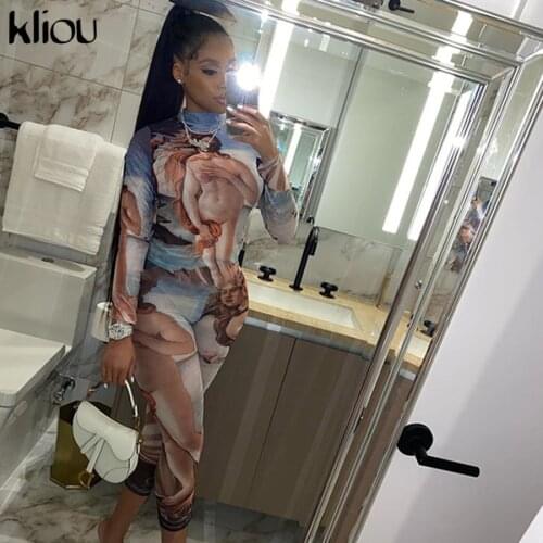 Kliou 2020 autumn women pattern prin turtleneck long sleeve jumpsuits fashion stretchy overalls workout sportywear casual outfit