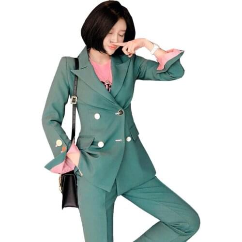 Womens new fashion temperament double-breasted split sleeves Slim suit jacket small feet suit pants OL profession two-piece