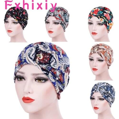 New Women Print Flower Knot Cotton Ruffle Turban Hat Headwear Cancer Chemo Beanie Chemotherapy Cap Hairband