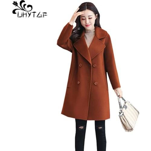 UHYTGF Plus Size 5XL Warm Wool Blends Winter Coat Women lapel Woolen coat Female Office Work Wear Elegant Wool jacket Women X684