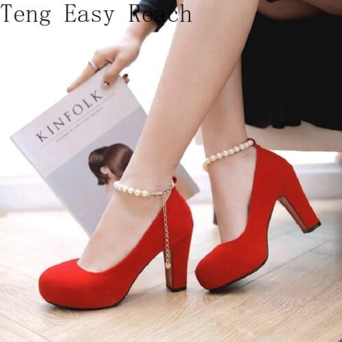 2021 Velvet Velour Round Toe Ladies Pumps Office Wedding Shoes Thick High Heels Mary Janes with Pearls Pendant Women Shoes 42 43