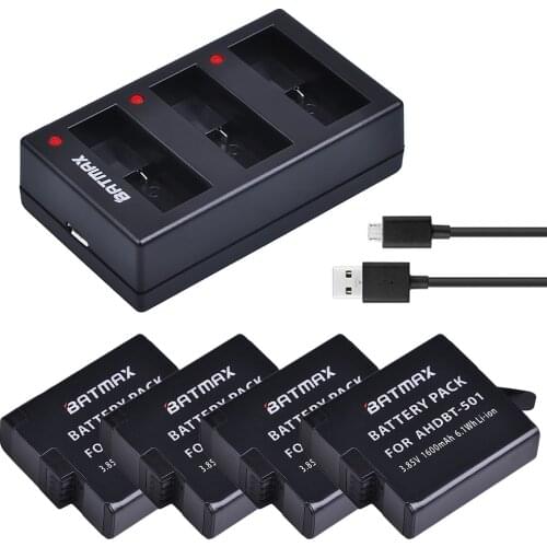 4pcs 1600mAh AHDBT-501 AHDBT 501 Battery +3-Slots USB Charger for GoPro Hero 5 Gopro 7 Gopro 6 Gopro 8 Action camera
