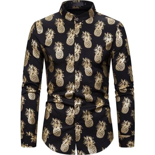 Shiny Gold Fruit Print Shirt Men Hipster Long Sleeve Mandarin Collar Dress Shirt Men Nightclub Party Prom Shirts Chemise Homme
