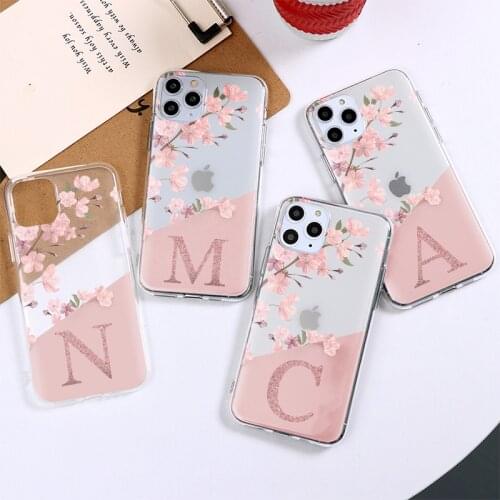 Art Initial Letter Pink Flower Case For iPhone 11 Pro Max 12 Pro X XR XS Max 8 7 6 6S Plus 5 5S SE 2020 12 Mini Luxury Soft Capa