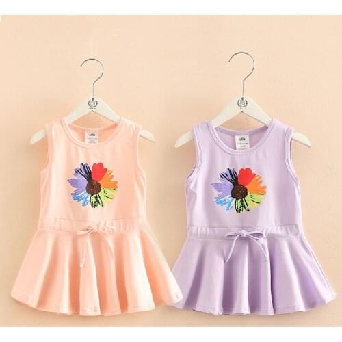 2021 Summer 2 3 4-10 Years Children Cotton Painting Cartoon Big Floral Print Waist Drawstring Kids Girl Flower Sleeveless Dress