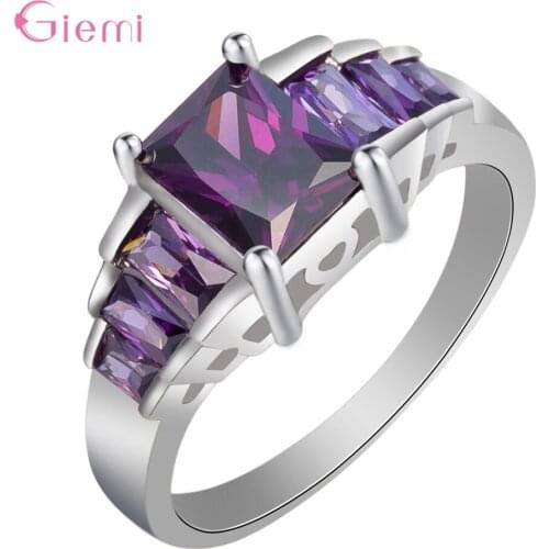 Hot Sale Fashion 925 Sterling Silver Jewelry Elegant Square Purple/Pink/Red/Champagne Crystal Rings For Women Wedding Gifts