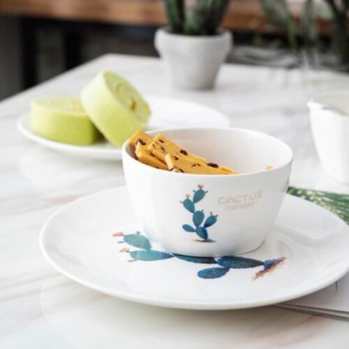 Ceramic Salad Bowl Dinnerware 400ml Green Round Cactus Rice Ramen Noodle Plant Dessert Porcelain Home Kitchen Supplies Tableware