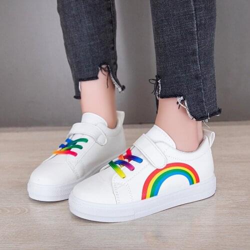 Kids Fashion Sneakers Rainbow Colorful Boys Girls White Casual Shoes Pu Leather 26-37 Hook-loop Leisure All-match Children Shoe