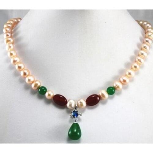 Fashion jewelry Free Shipping wholesale/retail 8mm pink pearl & red necklace+green Jade crystal pendant