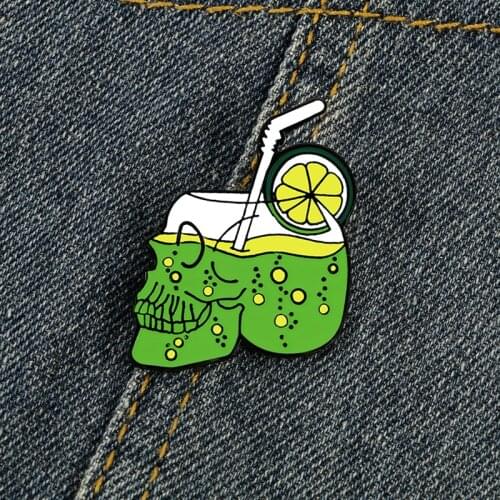 Cartoon Skeleton Water Cup Enamel Pins Skull Drink Lemon Juice Brooches Creative Jewelry Beach Holiday Halloween Denim Badge Pin