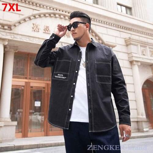Large size mens autumn shirts black mens long-sleeved plus size tide fat blouses loose tooling shirts autumn