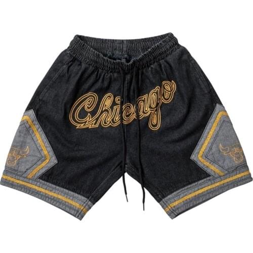 SEVEYFAN 2021 Hip Hop Mens Summer Chicago Embroidery Denim Shorts Drawstring Patchwork Cotton Denim Shorts for Male