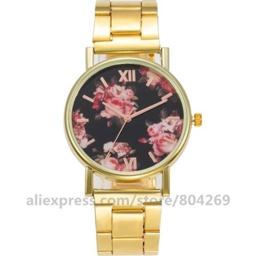 Wholesale Elegant Alloy Women Flower Wrist Watch Quartz No Logo Leather Band zegarek damski