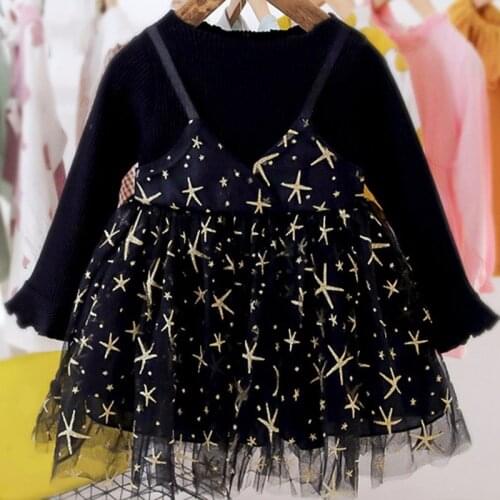 Autumn Infant Childrens Dress Fashion Star Net Yarn Stitching Puff Dress Baby Clothes Fake Two-piece Princess Baby Girl Dress