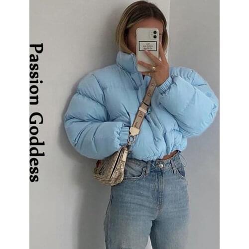 Fashion Women Winter Sky Blue Puffer Jacket Loose Warm Bubble Coats Sweet Parkas Down Zipper Stand Collar Puffly Cropped Jackets