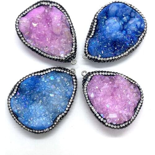 1 Piece of Natural Crystal Irregular Shape Drop-shaped Diamond Inlaid with Blue and Pink Edging DIY Necklace Earrings Pendant