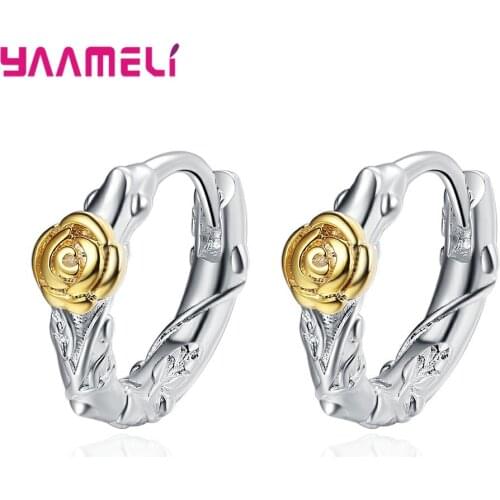 925 Sterling Silver Earrings Carving Gold Rose Flower Round Loop Hoop Pendientes Fashion Accessories Jewelry for Women Ladies