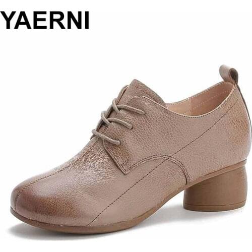 YAERNI New famous autumn women elegant shoes lace-up genuine leather shoes women high heel shoes soft comfortable comfortable sh