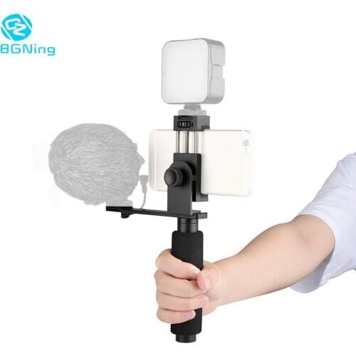 BGNing Universal 41-86mm Mobile Phone Clip Holder with Fill Light Microphone Expansion Mount Bracket Support Hand Grip Tripod