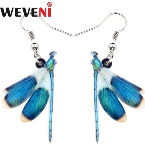 WEVENI Acrylic Blue Dragonfly Insect Earrings Big Dangle Drop Unique Jewelry For Women Girls Ladies Gift Bulk Summer Accessories