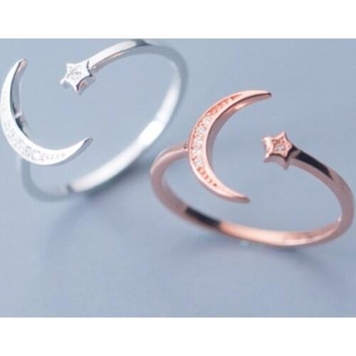 925 Sterling Silver Adjustable Women Rings Rhinestone Moon Star CZ Wedding Rings for Women Girls Party Wedding Jewelry 2020