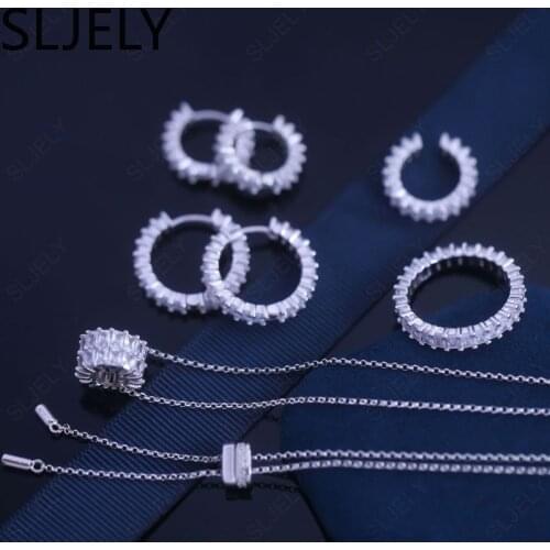 SLJELY Fashion Real 925 Sterling Silver Shine Square Cubic Zirconia Hoop Earrings Women Luxury Elegant Eclat Jewelry