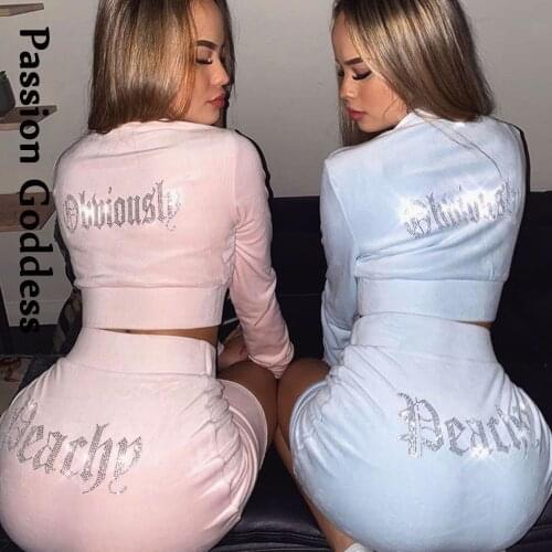 Fall Women 2 Piece Velvet Rhinestone Sets Hot Drilling Crop Jackets High Waist Bodycon Skirts Gold Velvet Two-piece Slim Outfits