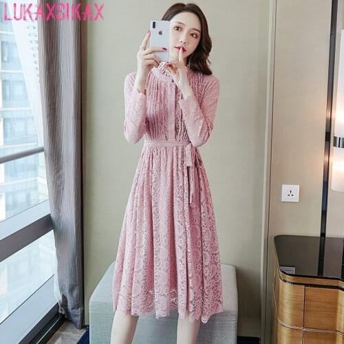 2020 New Spring Autumn Women Ruffled Collar Long Sleeve Dress High Quality Pleated Lace Dress Elegant Slim Party Dresses