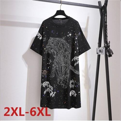 Large Size Women 2021 Summer Dress Loose Print Starry Sky Long T-shirt Dress Plus Size Top Fashion Black Casual Clothing