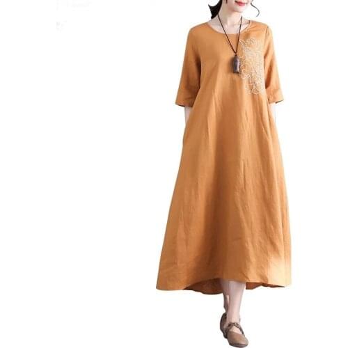 2021 New Summer Dress Vintage Loose Long Dresses Cotton Linen Embroidered Women Dress Vestidos Robe Oversize Clothes
