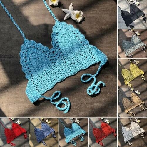 Women Halter Crochet Cotton Blends Bikini Bralette Crop Top Bra Swimsuit for Summer SAL99