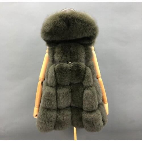Vest Real Fox Fur Gilet Thick Women Winter Solid Hooded Waistcoat MJF-FV21