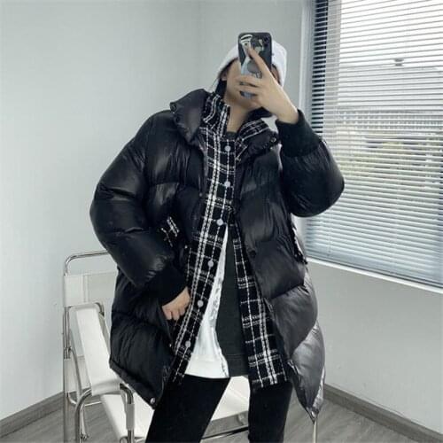 2020 Winter New Tweed Plaid Stitching Cotton Padded Coat Womens Mid-length Black Single Breasted Loose Thick Bread Jacket