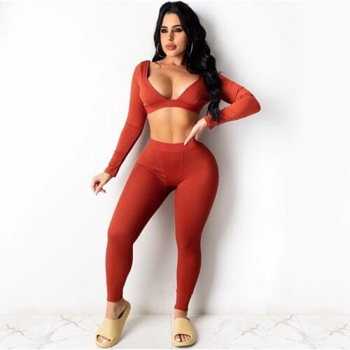 Winter Clothes Women 2 Piece Set Streetwear Sexy Sports Outfits V Neck Backless Crop Top and Pants Set Knitted Joggers Women Set
