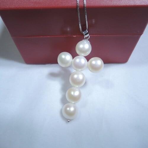 100% nature freshwater AAAA pearl pendant necklace with 925 silver chain-cross shape
