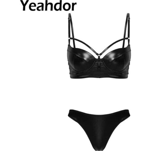 2Pcs Womens Sexy Wetlook Leather Bikinis Set Swimsuit Swimwear Push up Padded Underwired Bra Top + High Cut Thong Bikini Bottoms